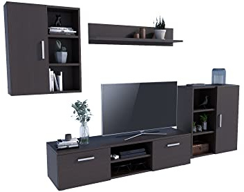 MATKAM Wohnwand Dedal, Schrankwand Wohnzimmer Modern, Wohnzimmerschrank mit Fernsehtisch Komplett Möbel (Wenge)
