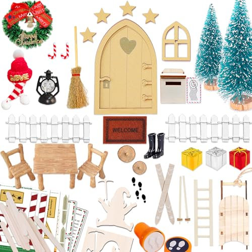 YUNSTK Wichteltür Zubehör Weihnachten Set, Wichtel Tür Nissedor mit Holzleiter Schlitten Wichtelschablone Wichteltür Baustelle Weihnachtsbaum Kranz Teppich Zaun Postfach, Miniatur Elfentür Feentür