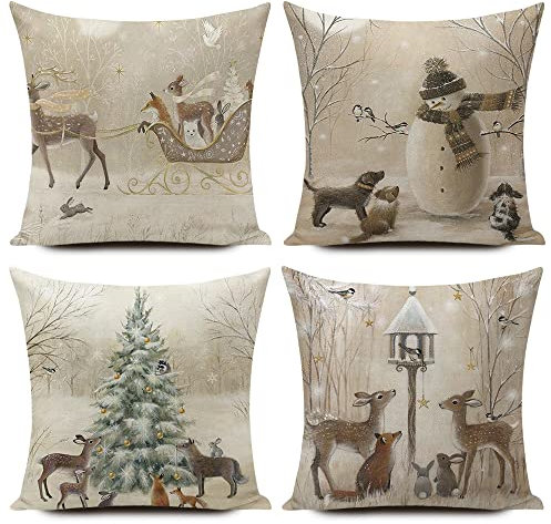 Christmas Cushion Covers Xmas Decorations Throw Pillow Cover Winter Animal Snowman Grey Set of 4 Christmas Decor For Sofa Living Room Home 18x18 Inch 45x45cm