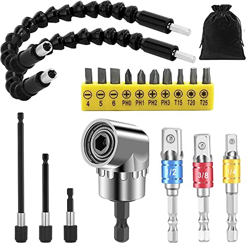 Flexible Drill Bit Extension Set, Hex Shank 105°Right Angle Drill Bit Attachment, 3pcs Drill Bit Holder Extension, 1/4 3/8 1/2 Universal Socket Adapter, Screwdriver Bit Kit
