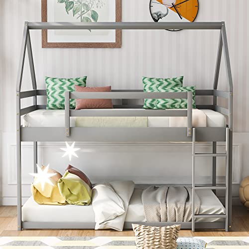 Kayan Kinderbett Hausbett, Niedriges Etagenbett mit Leiter, Massivholz-Etagenbettrahmen mit Lattenrost 90 x 200 cm (Grau)
