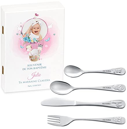 Maverton Set de couverts de table avec prénom dans boîte en bois imprimée - Thème Animal - Cadeau bapteme personnalisé - Couvert bebe - Couvert enfant - Cadeaux bébé - Coutellerie gravée - Photo 1
