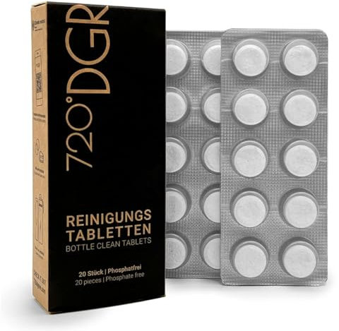 720°DGREE Reinigungstabletten für Trinkflaschen - 20 Tabs - Einfach Hygienische Anwendung - Entfernt Gerüche, Ablagerungen & reinigt all Deine Flaschen - Ideal für Kunststoff, Glas, Edelstahl, Alu