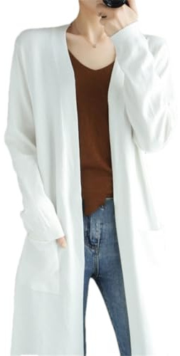 Dam kashmir cardigan ledig lång stickad cardigan damtröja jacka v-ringad cardigan, Vitt, M