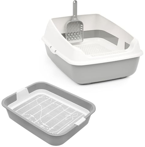 Set Katzentoilette mit Rand und Reinigungssieb und Erste Schalentoilette für Kätzchen Katzenbabys Kaninchen Katzenklo Abnehmbarer Hochrand Reinigungssieb Grau