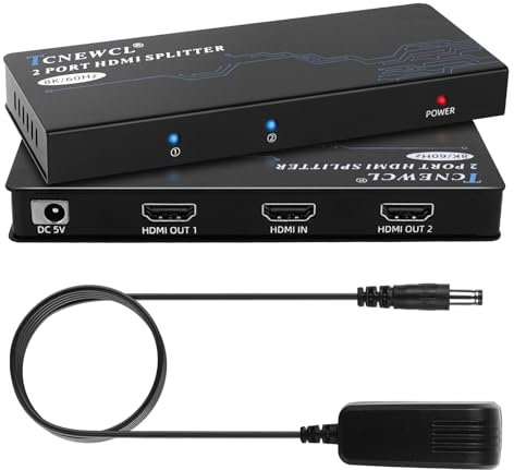 TCNEWCL 8K@60Hz 4K@120Hz Sdoppiatore HDMI 1 in 2 out Simultaneamente, 1x2 Splitter HDMI 2.1 Distributore/Mirror Audio Video con Adattatore EU, Supporto 3D, HDCP 2.3, UHD
