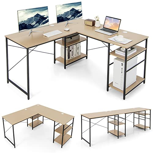 COSTWAY L-Shaped Computer Desk, 242cm Reversible Double Study Writing Workstation for 2 Person, Large Long Corner Home Office Desk Wooden PC Laptop Gaming Table with Storage Shelves (Natural)