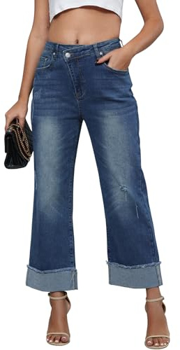 Genleck Cropped-Jeans mit weitem Bein für Damen, trendig, hohe Taille, Crossover-Boyfriend-Jeans, Mom, Baggy, dehnbarer Denim, Dunkelblau, M