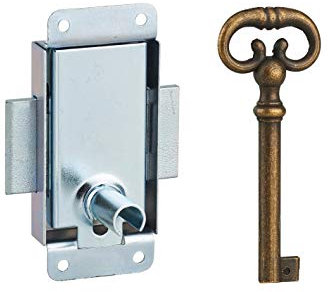 THIRARD - Serrure de Meuble en Applique pour Porte d'Ameublement - Axe 15 mm - 30 x 50 mm - Zingué - 1 Clé Laitonnée Vieillie - Système de Fermeture Efficace - Gris