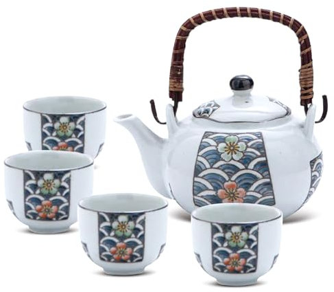 Blume Porzellan Tee Set Japanisches Teeservice Chinesisches Gongfu-Tee-Set, Porzellan Tee-Set mit Teekanne, 5-teiliges Asiatisches Teeset für Büro, Oolong tee, Wellenmuster und Blümchenmuster