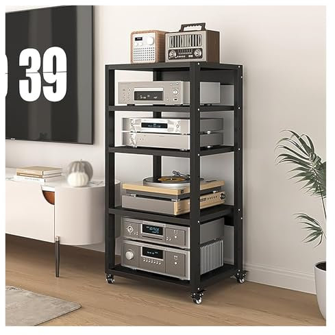 Modern Media Storage Unit with 5 Tier Stereo Component Rack and Adjustable Shelves for Game Consoles DVD Players Turntables Speakers Amplifiers Electronic Equipment Shelf Stand (50x50)