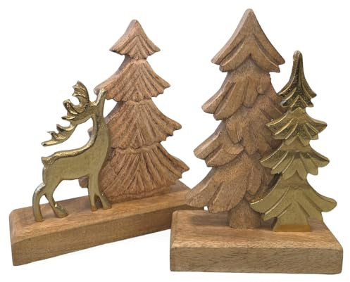Logbuch-Verlag Weihnachtsdeko Set Hirsch & Baum 16 x 18 cm – Figuren aus Holz & Metall – stilvolle Weihnachtsdekoration zum Hinstellen