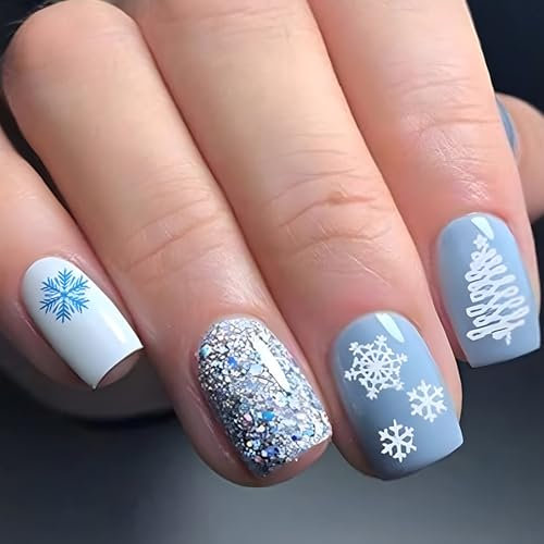 24 Pièces Noël Faux Ongles, Bleu Carré Monde de Glace et de Neige Press on Nails, Couverture Complète Artificiel Acrylique Fake Nails pour Femmes Filles Décoration D'ongles DIY
