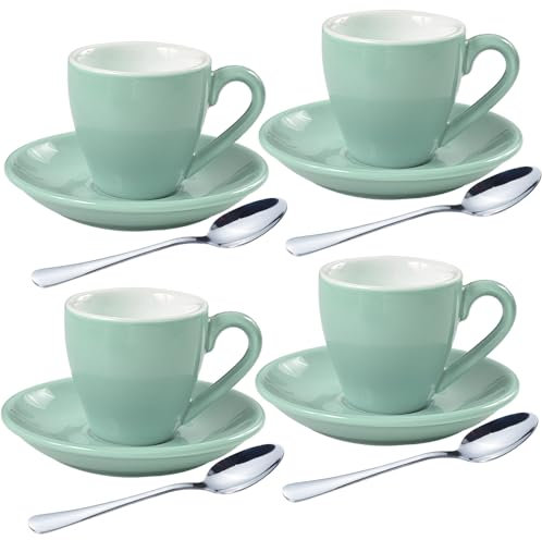 homEdge Porcelain Espresso Cup Set with Saucers and Spoons - 80 ml / 2.67 oz, Set of 4, Mint Green