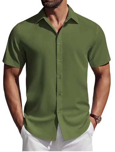 COOFANDY Mens Short Sleeve Summer Lightweight Casual Shirts Regular Fit Business Smart Button Down Shirt Solid Color Holiday Top Army Green L