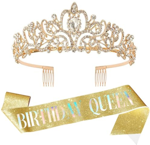 Couronne Anniversaire Écharpe Or Décorations Anniversaire Birthday Girl Princesse Sash Birthday Queen Écharpe et Tiare Diadème en Cristal 30 Ans, 40 Ans, 50 Ans, Couronne pour Femme Fille