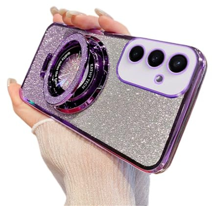 IMEIKONST Glitter Case for Samsung Galaxy S25, Electroplate Flash Shell for Girls Women Ring Stand Function Camera Protector Shockproof Transparent TPU Cover for Samsung S25. Purple DS1