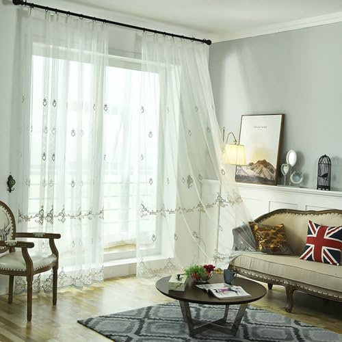Wycian Gardine Querbehang Oben Gardinen Blau Voile 2er Pack Blumen Bestickt H214 x B132 cm (2er Pack) Gaze