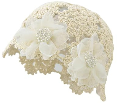 Pemilosci Handmade Crochet Bohemian Beanie Sun Summer Hat Skull Cap for Women Lace Beach Hat Lightweight - 3D Flower - Beige