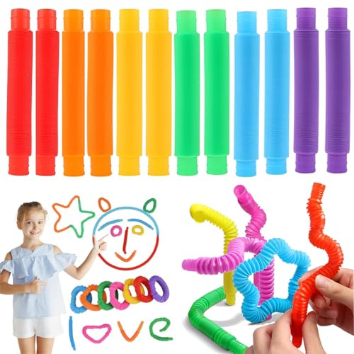 JYNVO 12er-Pack bunte Schläuche, Stretch-Schläuche für Kinder, Zappelspielzeug, dehnbarer Schlauch, sensorisches Spielzeug für Kinder und Erwachsene