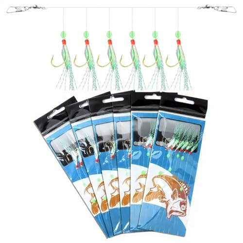 6 Pack Mackerel Feathers Rigs 36 Hooks with Luminous Beads High Carbon Steel Pre Tied Sea Fishing Rig Bionic Flying Insects Lure Rigs for Mackerel, Herring, Pollock, Cod, Bass