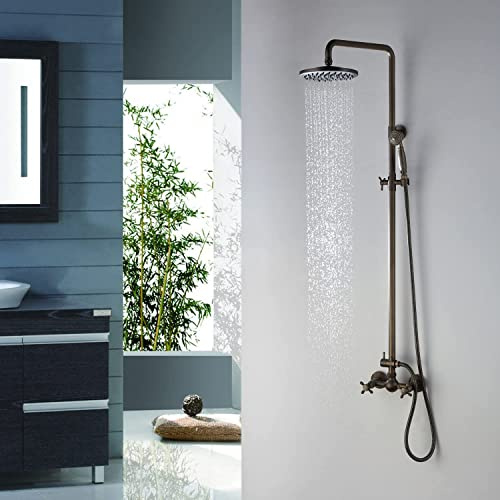 QYZUJIKL Wall-Mounted 8 Inch Top Spray Shower Faucet Ceramic Valve Antique Brass Shower System Bathroom Rainfall With Spray Shower Brass Faucet Set, B-B