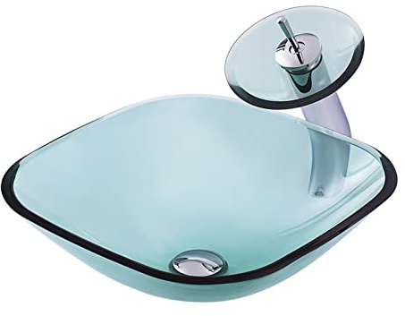 Lavandino da appoggio per Bagno, lavabo da appoggio in Vetro temperato Ciano, lavabo Quadrato da appoggio, lavabo da appoggio per Bagno, lavabo Artistico con Rubinetto a Cascata e Scarico a