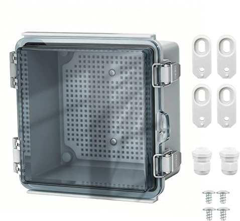 Nineleaf 6x6x4 Outdoor Electrical Junction Box IP67 Clear Plastic Waterproof Box with Hinged Cover,Mounting Plate,Wall Brackets, Cable Glands for Electronics Project WiFi Timer Conduit Marine Outside