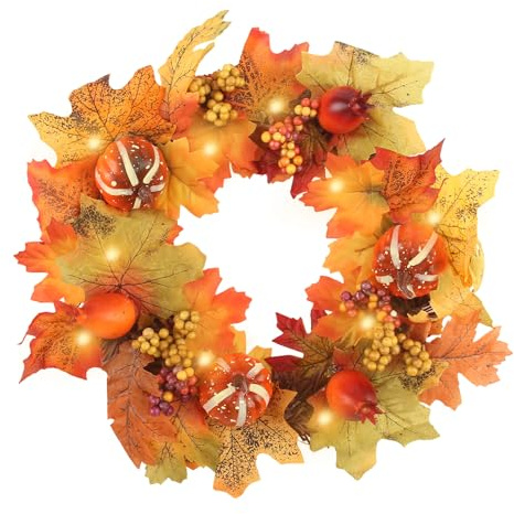CYIOU 35 CM Corona Otoño Puerta Decoración Otoño de Halloween con Calabaza Artificial Bayas Hojas de Arce Corona de Puerta para Acción Gracias Halloween Navidad Boda