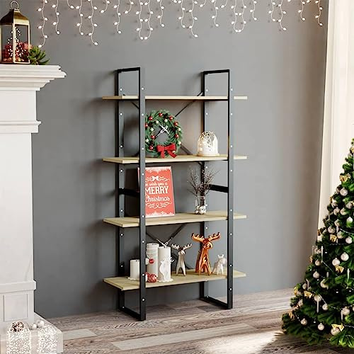 Owoxanthellate Bücherregal 4 Fächer Sonoma Eiche 80x30x140 cm Massiver Holzwerkstoff und Metallrahmen Modernes Design Standregal für Living Room Flur und Bedroom