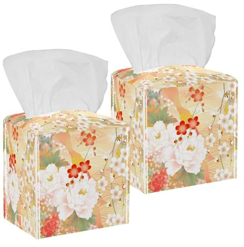 Lot de 2 boîtes à mouchoirs carrées en cuir avec motif fleurs de cerisier japonais, distributeur de papier pour coiffeuse, réservoir de toilette, commode, table de nuit, comptoir, bureau, voiture