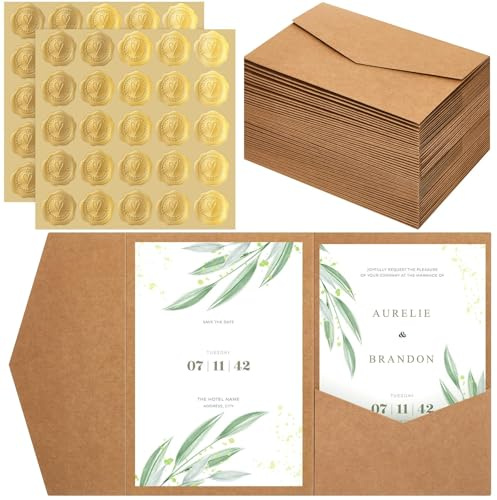 Tenare Papier Pocketfold Umschläge und Wachssiegel Selbstklebend für DIN A6-Karten Einladungskarten Hochzeitseinladungen Hochzeitskarte Geburtstagseinladungen(Kraftpapierfarbe,50 Stück)