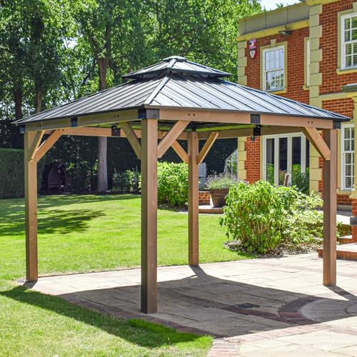 BPS® Grand Pavillon de Jardin en Bois | Pavillon avec Toit Fixe | Toit en Acier à 2 Niveaux | Structure en cèdre | Couverture de terrasse | Marron et Noir (3 m x 3 m)