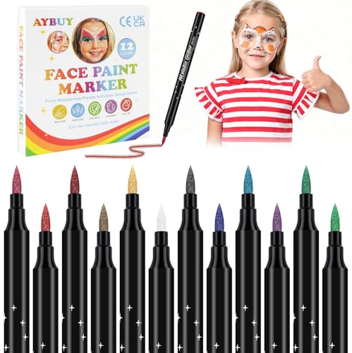 AYBUY Set med 12 färger, tatueringspennor, tvättbara glitterpennor, ansiktsmålning, färger, tatoo pennor hudvänliga barn för kroppsfärg för halloween karneval smink karneval