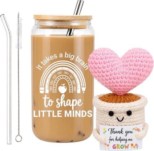 RUQVKWLA Teacher Gifts for Women, Teacher Gift Glass Cup and Crochet Plant | Thank You Teacher Gifts Glass Cup 500ml Cute Crochet Heart Plant, Teacher Appreciation Gifts for Primary Nursery School