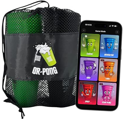 QR-Pong Beer Pong con app e 3.000 compiti divertenti, 22 bicchieri in plastica rigida riutilizzabili, il regalo di compleanno più cool, set di gioco per bere + set da 30 palline