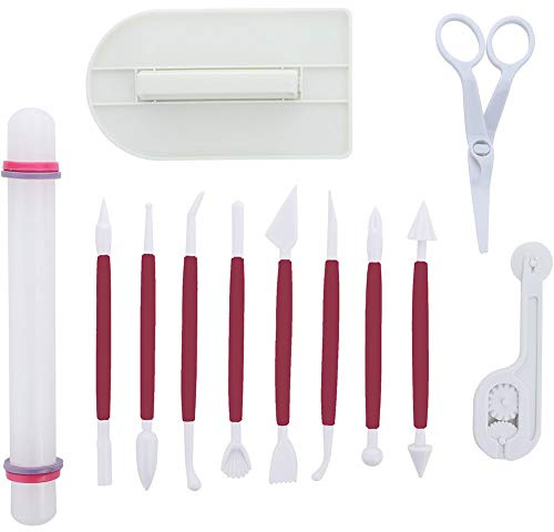 ScivoKaval Marshmallow Fondant Cake Decorating Hand Tool 12 Pcs 5 Sets Sugarcraft Gumpaste Icing Smoother Rolling Pin Trimmer Cutter Embosser Flower Scissor Modelling Accessories Supplies Kit Red
