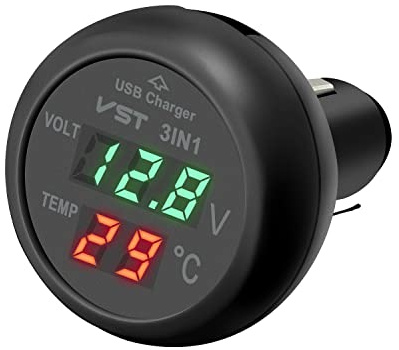 3 en 1 Chargeur USB de Voiture, Prise Allume Cigare,Thermomètre de Voltmètre avec Numérique LCD Testeur de Température Tension Moniteur de Batterie12V-24V Camions Suvs
