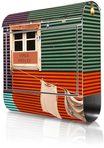 banjado Briefkasten Edelstahl personalisiert 38x43x12cm & 2 Schlüssel - rostfreier Edelstahl Briefkasten mit Zeitungsfach - Postkasten A4 Einwurf inkl. Montagematerial - Motiv Buntes Haus
