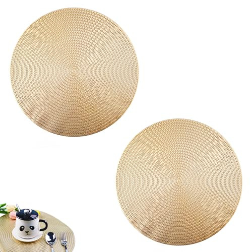 2 Stück Runde Tischsets, Goldenes Rundes Anti-Verbrühungs-Tischset, Runde Weizenohren Hohl PVC Tischset, für Teller Topflappen, Tischdekoration (Golden)