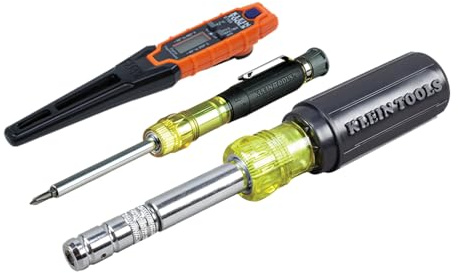 Klein Tools 32596 Multi-Bit Screwdriver/Nut Driver, Magnetic 8-in-1 HVAC Slide Drive Tool with Hex, Phillips, Schrader Bits, Nut Drivers