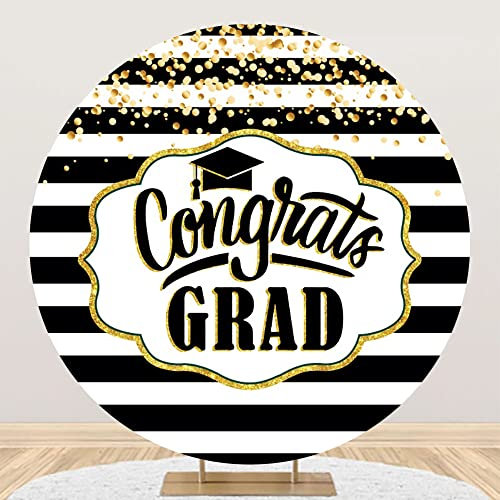 Aoihrraan 200cm Diameter Congrats Grad Round Backdrop for Photography Class of 2024 Congratulate Graduation Prom Party Black Golden Bachelor Cap Black White Stripes Background Photo Props