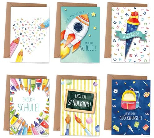 Papierdrachen 6 Grußkarten als Klappkarte inklusive Umschlag zur Einschulung - Grüße für das Schulkind - kindgerechte Glückwunschkarten zum Schulanfang - Set 3