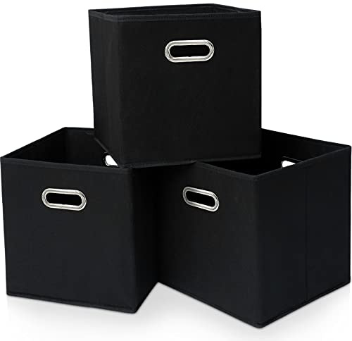 Yunkeeper Black Fabric Cubby Storage Bins,13x13x13 Inches ,Cube Organizer Bin Foldable Storage Boxes with Dual Handles Fabric Organizer Box and collapsible Storage basket,Set of 3 ,Black