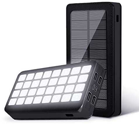 Banque d'alimentation Solaire 32 LED, Chargeur de Téléphone Portable 30000 MAh avec 4 Ports USB et 3 Modes D'éclairage, Lumière Faible et Forte, SOS pour L'aide, Batterie Externe