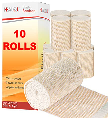 HEALQU Premium Elastic Bandage - Self-Closure Compression Wrap for Legs, Knees, Ankles, Wrists, Elbows, Shoulders - 3 Inch by 5 Yards, Box of 10 Rolls Athletic Stretchable Bandage Wrap