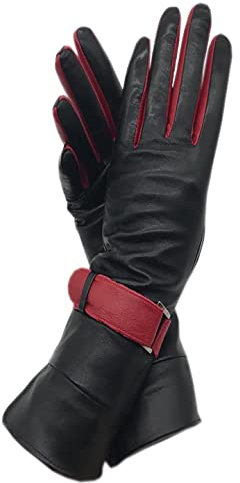 Schwarze Schaffell-Handschuhe für Damen, mittellang, Leder, modische Winterhandschuhe, warme Lederhandschuhe