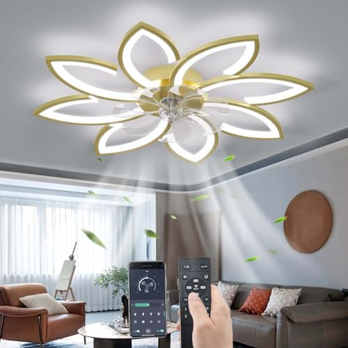 YUNZI Stumm Deckenventilator mit Beleuchtung mit Fernbedienung, LED Dimmbar Ventilator Deckenleuchte Modern Licht für Wohnbereich Schlafzimmer, Einstellbar 6 Geschwindigkeiten, Gold 90CM