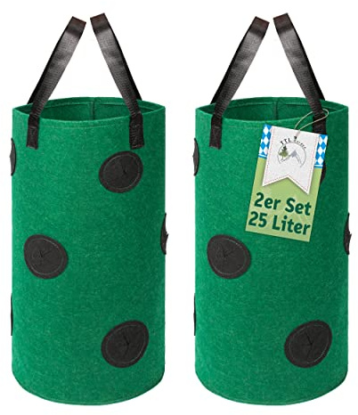 TTL GARDEN 2X 25L Pflanzsack hängend oder stehend 2er Set Pflanzbeutel grün | - 25 Liter Vlies Pflanzentasche Erdbeer Ampel Pflanzturm Pflanzbeutel mit 10 Pflanz Löchern für Erdbeeren Kräuter & Blumen