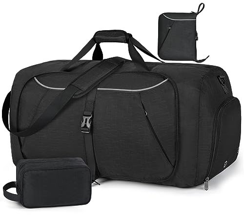 Faltbare Reisetasche 65L 80L 100L Große Leichte Sporttasche mit Schuhfach für Herren Damen Weekender Tasche Reisegepäcktasche für Reisen,Gym, Urlaub und Camping, Schwarz